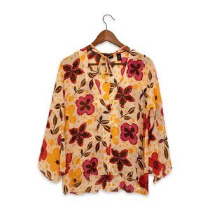 100% Silk Bell Sleeve Floral & Sequins Deep Neck Retro Top